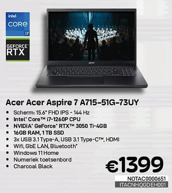 Promoties Acer acer aspire 7 a715-51g-73uy - Acer - Geldig van 01/05/2023 tot 31/05/2023 bij Compudeals