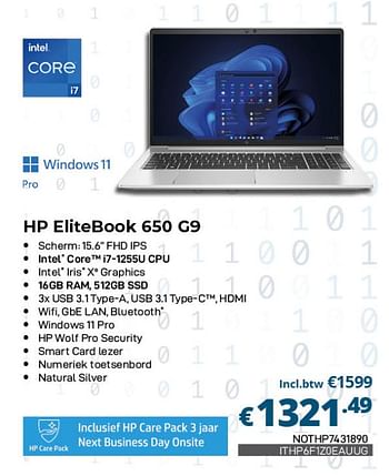 Promoties Hp elitebook 650 g9 intel i7-1255u - HP - Geldig van 01/05/2023 tot 31/05/2023 bij Compudeals
