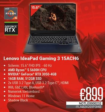 Promoties Lenovo ideapad gaming 3 15ach6 - Lenovo - Geldig van 01/05/2023 tot 31/05/2023 bij Compudeals