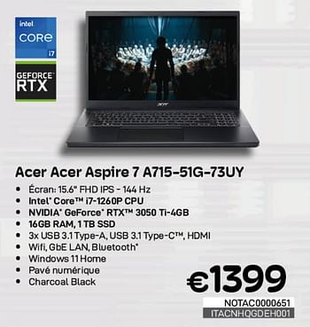 Promotions Acer acer aspire 7 a715-51g-73uy - Acer - Valide de 01/05/2023 à 31/05/2023 chez Compudeals