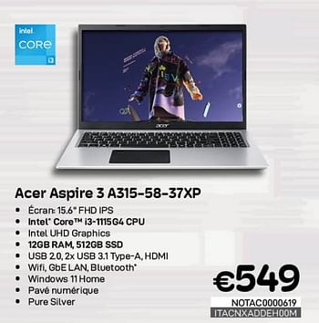 Promotions Acer aspire 3 a315-58-37xp - Acer - Valide de 01/05/2023 à 31/05/2023 chez Compudeals
