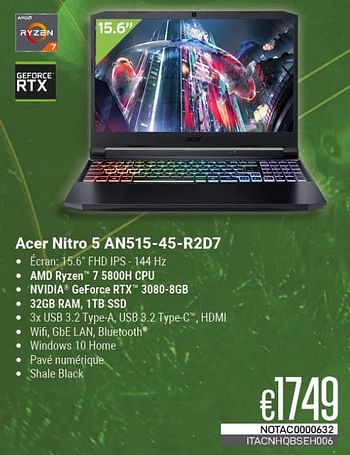 Promotions Acer nitro 5 an515-45-r2d7 - Acer - Valide de 01/05/2023 à 31/05/2023 chez Compudeals