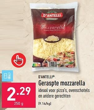 Promotions Geraspte mozzarella - D'Antelli - Valide de 22/05/2023 à 02/06/2023 chez Aldi