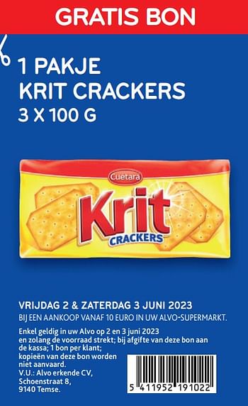 Promoties Gratis bon 1 pakje krit crackers - Cuétara - Geldig van 02/06/2023 tot 03/06/2023 bij Alvo