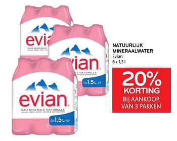 Promoties Natuurlijk mineraalwater evian 20% korting bij aankoop van 3 pakken - Evian - Geldig van 31/05/2023 tot 13/06/2023 bij Alvo