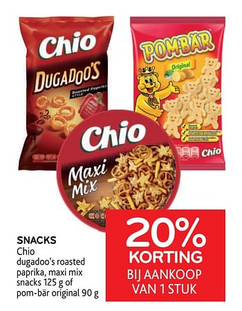 Promoties Snacks chio 20% korting bij aankoop van 1 stuk - Chio - Geldig van 31/05/2023 tot 13/06/2023 bij Alvo