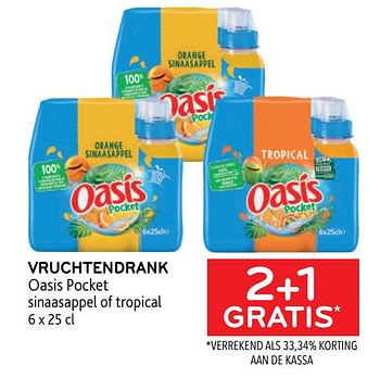 Promotions Vruchtendrank oasis pocket 2+1 gratis - Oasis - Valide de 31/05/2023 à 13/06/2023 chez Alvo