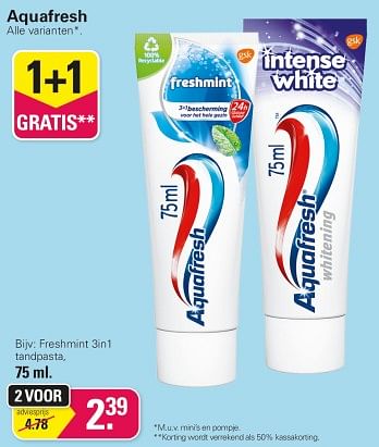 Promoties Freshmint 3in1 tandpasta - Aquafresh - Geldig van 17/05/2023 tot 03/06/2023 bij De Online Drogist