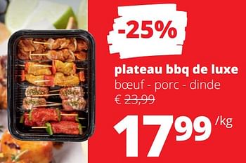 Promotions Plateau bbq de luxe boeuf - porc - dinde - Produit Maison - Spar Retail - Valide de 18/05/2023 à 31/05/2023 chez Spar (Colruytgroup)