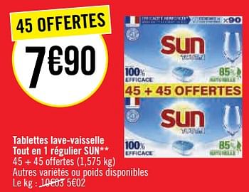 Promotions Tablettes lave-vaisselle tout en 1 régulier sun - Sun - Valide de 22/05/2023 à 04/06/2023 chez Géant Casino