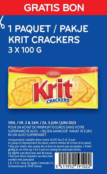 Promoties Gratis bon 1 paquet krit crackers - Cuétara - Geldig van 02/06/2023 tot 03/06/2023 bij Alvo