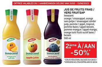 Promotions Jus de fruits frais innocent 2ième à -50% - Innocent - Valide de 31/05/2023 à 06/06/2023 chez Alvo