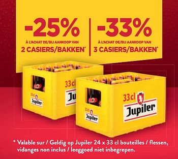 Promotions Jupiler -25%à l’achat de 2 casiers -33% à l’achat de 3 casiers - Jupiler - Valide de 31/05/2023 à 13/06/2023 chez Alvo