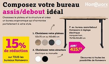 Promotions Bureau assis-debout homeworx à réglage électrique - Produit maison - Leen Bakker - Valide de 22/05/2023 à 30/06/2023 chez Leen Bakker