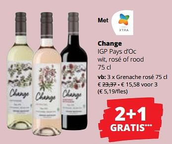 Promoties Change igp pays d’oc grenache rosé - Rosé wijnen - Geldig van 01/06/2023 tot 14/06/2023 bij Spar (Colruytgroup)