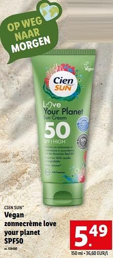 Promoties Vegan zonnecrème love your planet spf50 - Cien sun - Geldig van 31/05/2023 tot 06/06/2023 bij Lidl