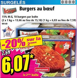 Promotions Burgers au boeuf - Idégel - Valide de 24/05/2023 à 30/05/2023 chez Norma