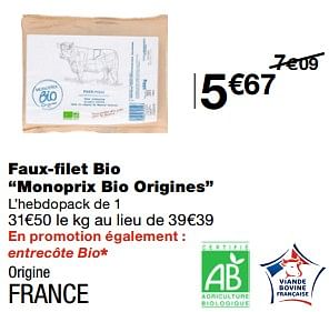 Promotions Faux-filet bio monoprix bio origines - Produit Maison - MonoPrix - Valide de 24/05/2023 à 04/06/2023 chez MonoPrix