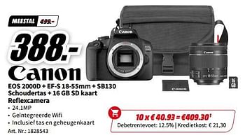 Promoties Canon eos 2000d + ef-s 18-55mm + sb130 schoudertas + 16 gb sd kaart reflexcamera - Canon - Geldig van 29/05/2023 tot 04/06/2023 bij Media Markt