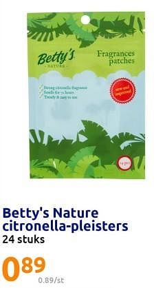 Promoties Betty`s nature citronella-pleisters - Betty's Nature - Geldig van 24/05/2023 tot 30/05/2023 bij Action