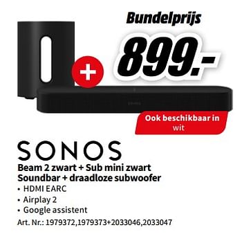 Promoties Sonos beam 2 zwart + sub mini zwart soundbar + draadloze subwoofer - Sonos - Geldig van 29/05/2023 tot 04/06/2023 bij Media Markt