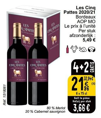 Promoties Les cinq pattes 2020-21 bordeaux - Rode wijnen - Geldig van 30/05/2023 tot 05/06/2023 bij Cora
