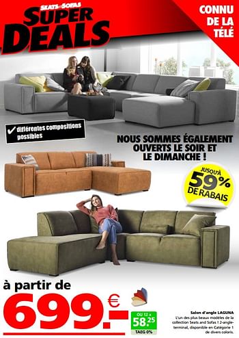 Promotions Salon d‘angle laguna - Produit maison - Seats and Sofas - Valide de 30/05/2023 à 12/06/2023 chez Seats and Sofas
