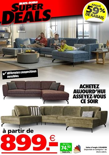 Promotions Salon d’angle lissabon - Produit maison - Seats and Sofas - Valide de 30/05/2023 à 12/06/2023 chez Seats and Sofas