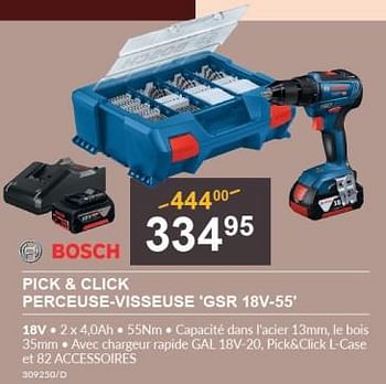 Promoties Bosch pick + click perceuse-visseuse gsr 18v-55 - Bosch - Geldig van 01/06/2023 tot 18/06/2023 bij HandyHome