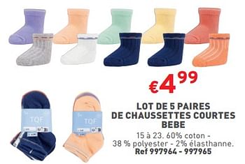 Promotions Lot de 5 paires de chaussettes courtes bebe - TQF - Valide de 31/05/2023 à 05/06/2023 chez Trafic