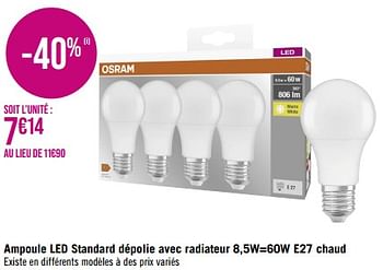 Promotions La gamme d’ampoules led ampoule led standard dépolie avec radiateur 8,5w=60w e27 chaud - Osram - Valide de 29/05/2023 à 25/06/2023 chez Géant Casino