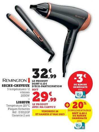 Promotions Remington seche-cheveux + lisseur d3012gp - Remington - Valide de 23/05/2023 à 04/06/2023 chez Super U