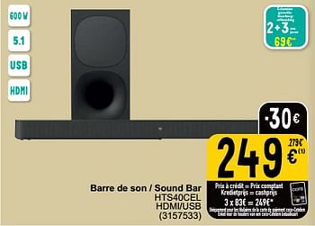 Promotions Sony barre de son - sound bar hts40cel - Sony - Valide de 30/05/2023 à 12/06/2023 chez Cora