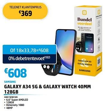 Promotions Samsung galaxy a34 5g + galaxy watch 40mm 128gb - Samsung - Valide de 30/05/2023 à 30/06/2023 chez Auva