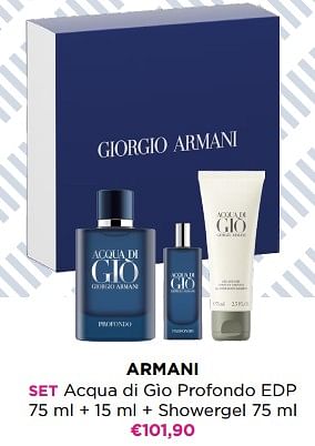 Promoties Armani set acqua di gìo profondo edp + showergel - Armani - Geldig van 29/05/2023 tot 11/06/2023 bij ICI PARIS XL