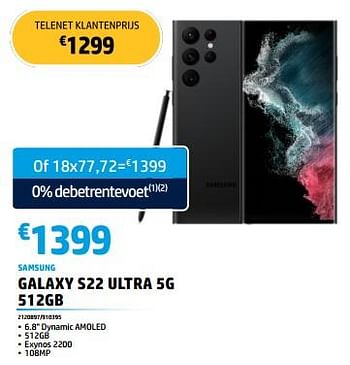 Promoties Samsung galaxy s22 ultra 5g 512gb - Samsung - Geldig van 30/05/2023 tot 30/06/2023 bij Auva