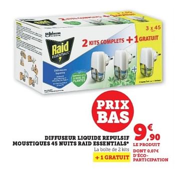 Promotions Diffuseur liquide repulsif moustiques 45 nuits raid essentials - Raid - Valide de 23/05/2023 à 04/06/2023 chez Super U