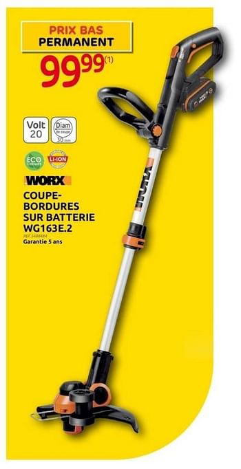 Promoties Worx coupebordures sur batterie wg163e.2 - Worx - Geldig van 31/05/2023 tot 12/06/2023 bij Brico