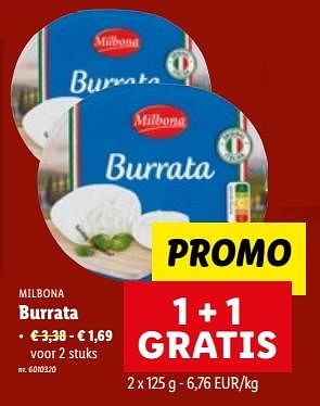 Promoties Burrata - Milbona - Geldig van 07/06/2023 tot 13/06/2023 bij Lidl