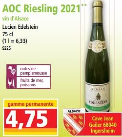Promotions Aoc riesling 2021 vin d’alsace - Vins blancs - Valide de 07/06/2023 à 14/06/2023 chez Norma