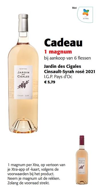 Promoties Jardin des cigales cinsault-syrah rosé 2021 i.g.p. pays d`oc - Rosé wijnen - Geldig van 31/05/2023 tot 13/06/2023 bij Colruyt