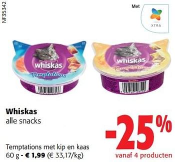 Promotions Whiskas snacks temptations met kip en kaas - Whiskas - Valide de 31/05/2023 à 13/06/2023 chez Colruyt