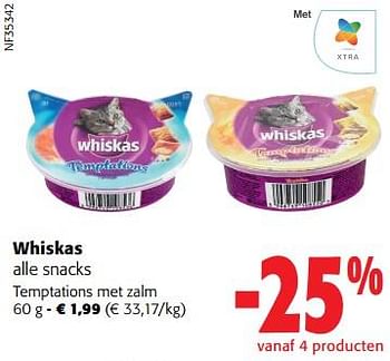 Promotions Whiskas snacks temptations met zalm - Whiskas - Valide de 31/05/2023 à 13/06/2023 chez Colruyt