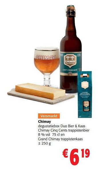 Promoties Chimay degustatiebox duo bier + kaas chimay cinq cents trappistenbier en grand chimay trappistenkaas - Chimay - Geldig van 31/05/2023 tot 13/06/2023 bij Colruyt