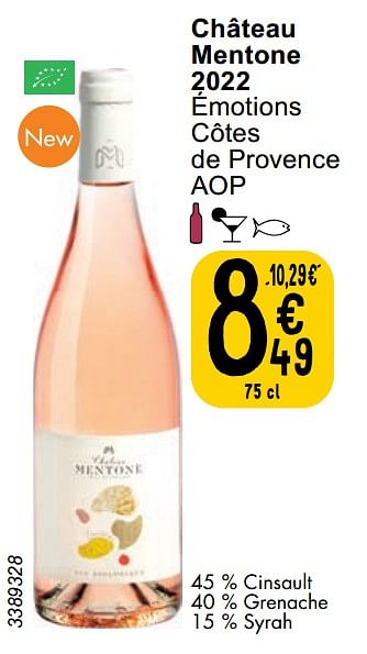 Promotions Château mentone 2022 émotions côtes de provence - Vins rosé - Valide de 06/06/2023 à 12/06/2023 chez Cora