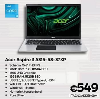Promoties Acer aspire 3 a315-58-37xp - Acer - Geldig van 01/06/2023 tot 30/06/2023 bij Compudeals