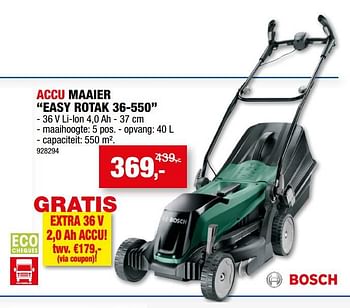 Promotions Bosch accu maaier easy rotak 36-550 - Bosch - Valide de 07/06/2023 à 18/06/2023 chez Hubo