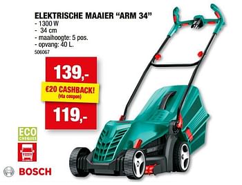 Promoties Bosch elektrische maaier arm 34 - Bosch - Geldig van 07/06/2023 tot 18/06/2023 bij Hubo