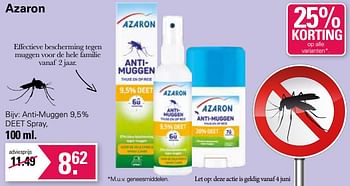 Promoties Anti-muggen 9,5% deet spray - Azaron - Geldig van 31/05/2023 tot 17/06/2023 bij De Online Drogist