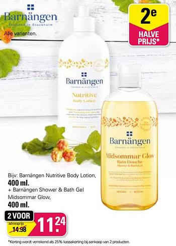 Promoties Barnängen nutritive body lotion + barnängen shower + bath gel midsommar glow - Barnängen  - Geldig van 31/05/2023 tot 17/06/2023 bij De Online Drogist